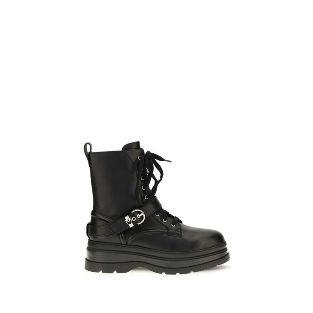 PINKO Black Calf Leather Bos Taurus Lace-Up Women's Boots